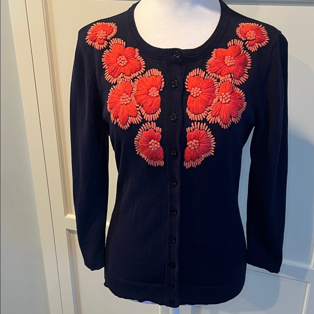 Tabitha for Anthropologie Firebloom Emroidered Coral Navy 3/4 Sleeve Cardigan, M